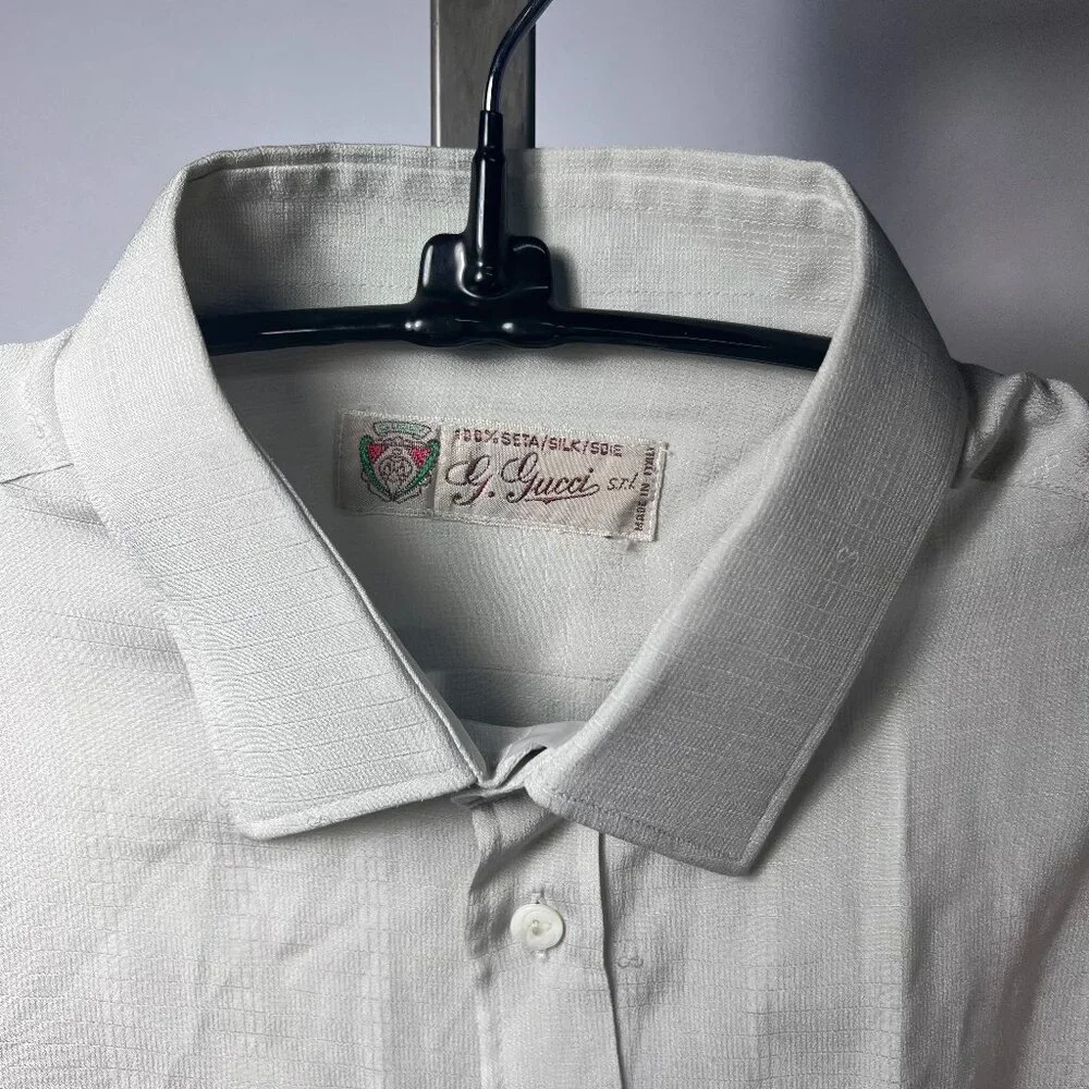 GUCCI Monogram Fabric 100% Silk‎ Taupe Button Down Men 15 1/2-39 AUTH VTG NWOT